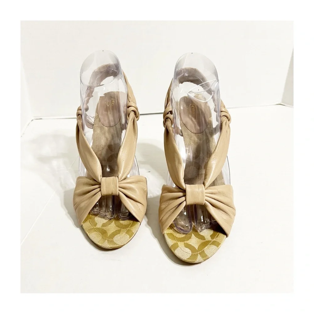 Coach Tan Leather Slingback Sandals with Elegant Chriss Cross Bow Design Heels